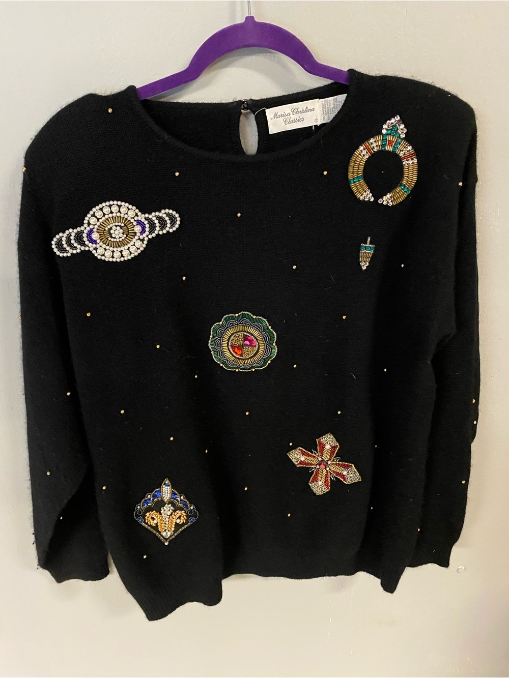 MONICA VINADER Black Embellished Crewneck Sweater with Multicolor Beaded Motifs